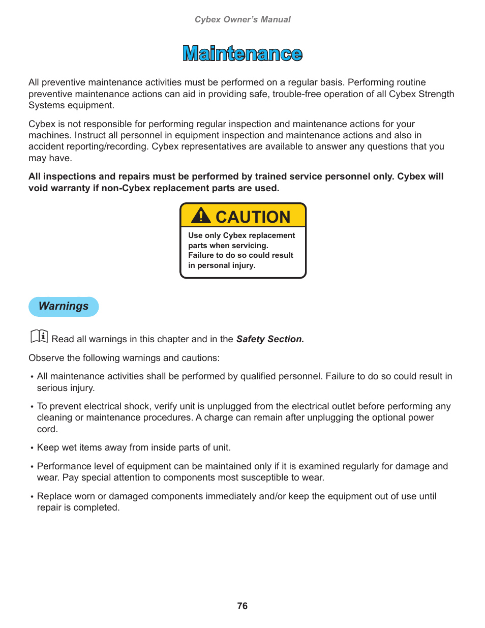 Maintenance, Warnings, Caution | Cybex 770A Arc Trainer User Manual | Page 76 / 96