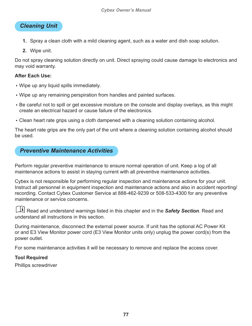 Cleaning unit, Preventive maintenance activities | Cybex 770A Arc Trainer User Manual | Page 77 / 96
