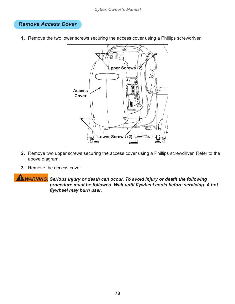 Remove access cover | Cybex 770A Arc Trainer User Manual | Page 78 / 96