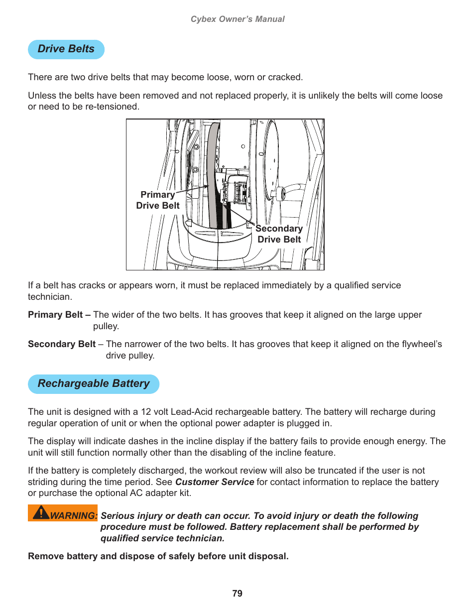 Drive belts, Rechargeable battery | Cybex 770A Arc Trainer User Manual | Page 79 / 96