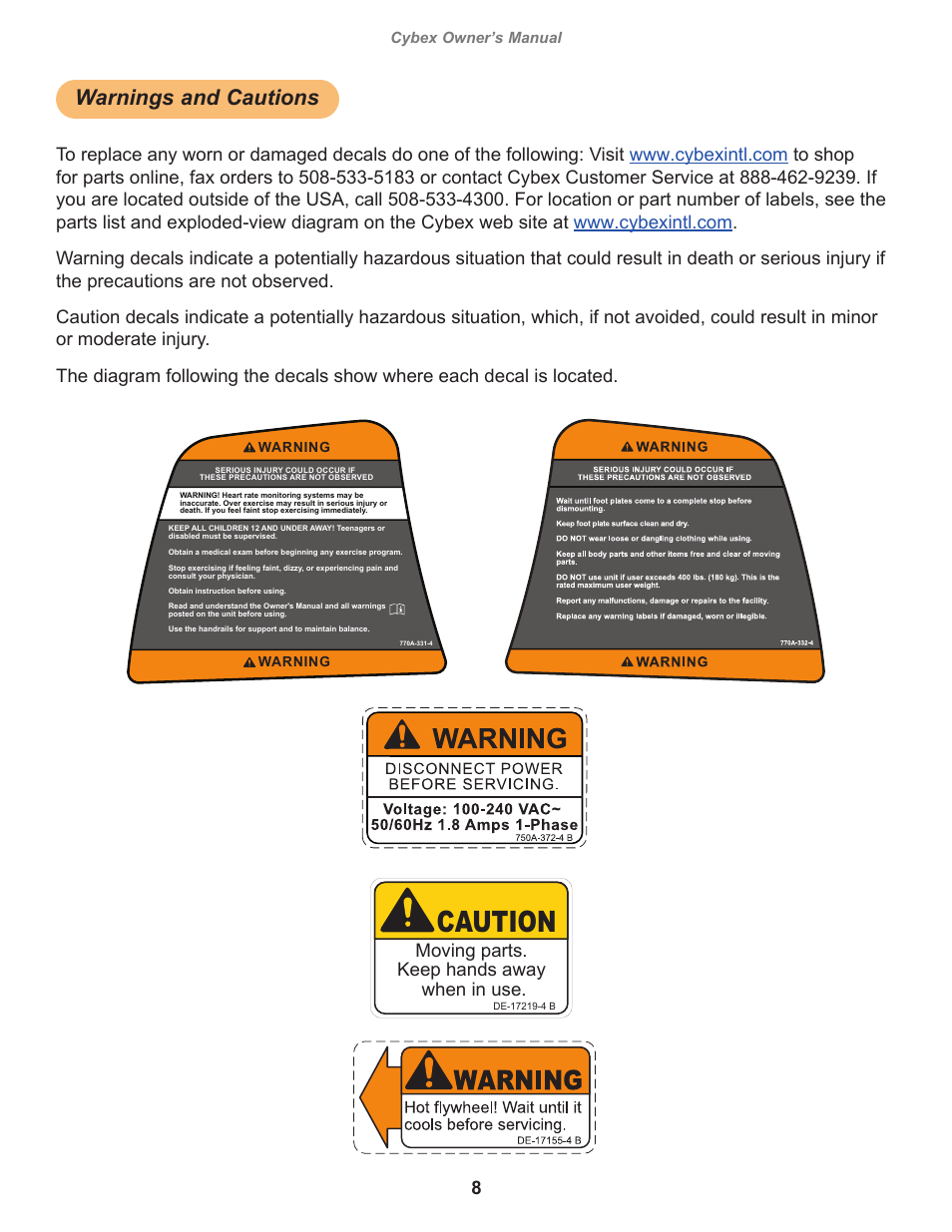 Warnings and cautions, Caution, Warning | Decal, disconnect power english, Owatonna, Moving parts. keep hands away when in use | Cybex 770A Arc Trainer User Manual | Page 8 / 96