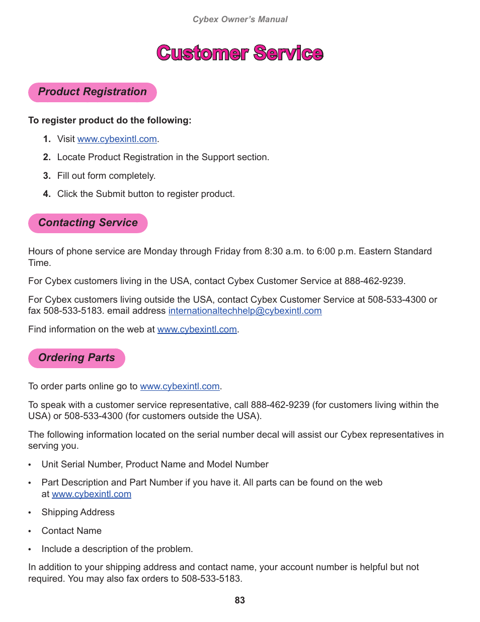 Customer service, Product registration, Contacting service | Ordering parts | Cybex 770A Arc Trainer User Manual | Page 83 / 96