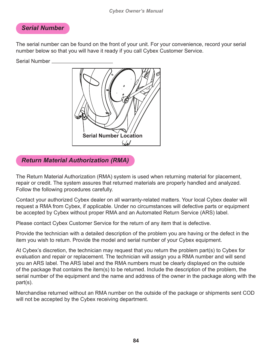 Serial number, Return material authorization (rma) | Cybex 770A Arc Trainer User Manual | Page 84 / 96