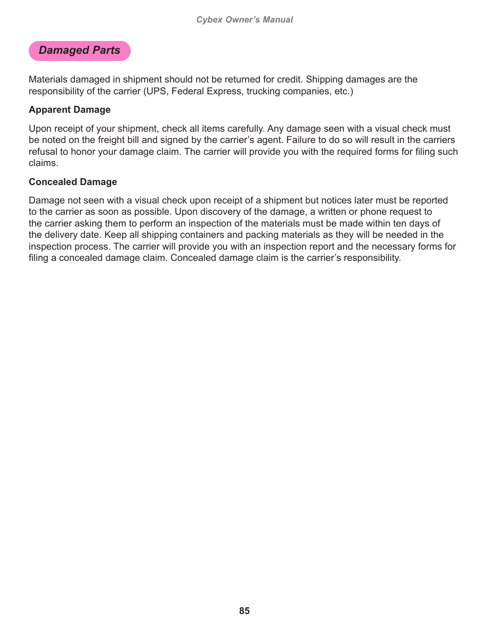 Damaged parts | Cybex 770A Arc Trainer User Manual | Page 85 / 96