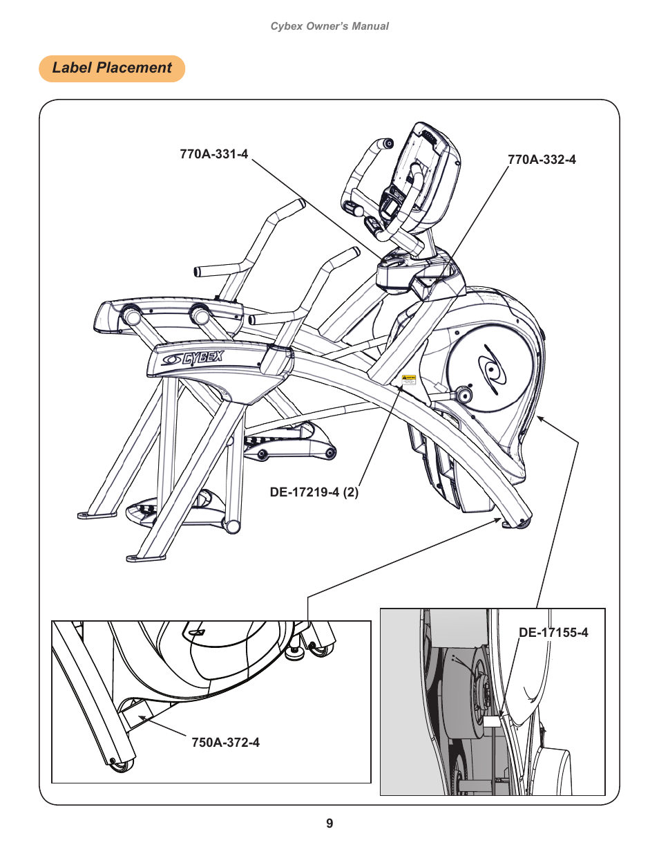 Label placement | Cybex 770A Arc Trainer User Manual | Page 9 / 96