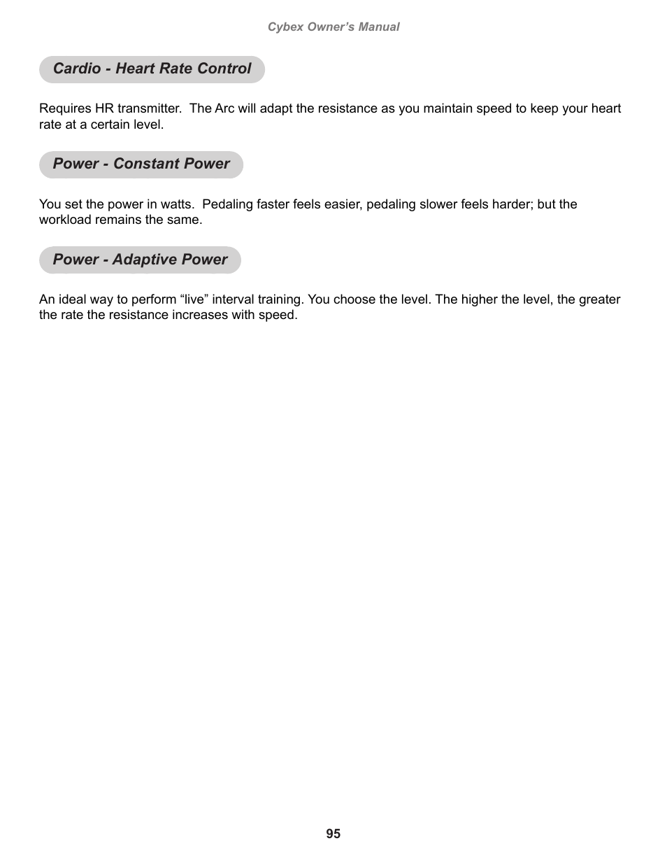 Cardio - heart rate control, Power - constant power, Power - adaptive power | Cybex 770A Arc Trainer User Manual | Page 95 / 96