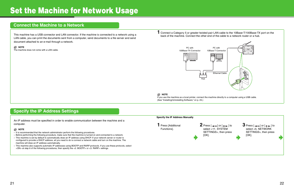 Set the machine for network usage, Connect the machine to a network, Specify the ip address settings | Canon ImageCLASS MF4690 User Manual | Page 12 / 22