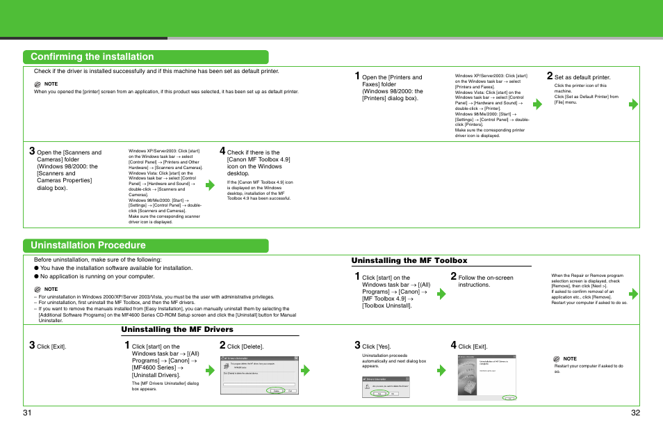 Confirming the installation, Uninstallation procedure, Uninstalling the mf toolbox | Uninstalling the mf drivers | Canon ImageCLASS MF4690 User Manual | Page 17 / 22