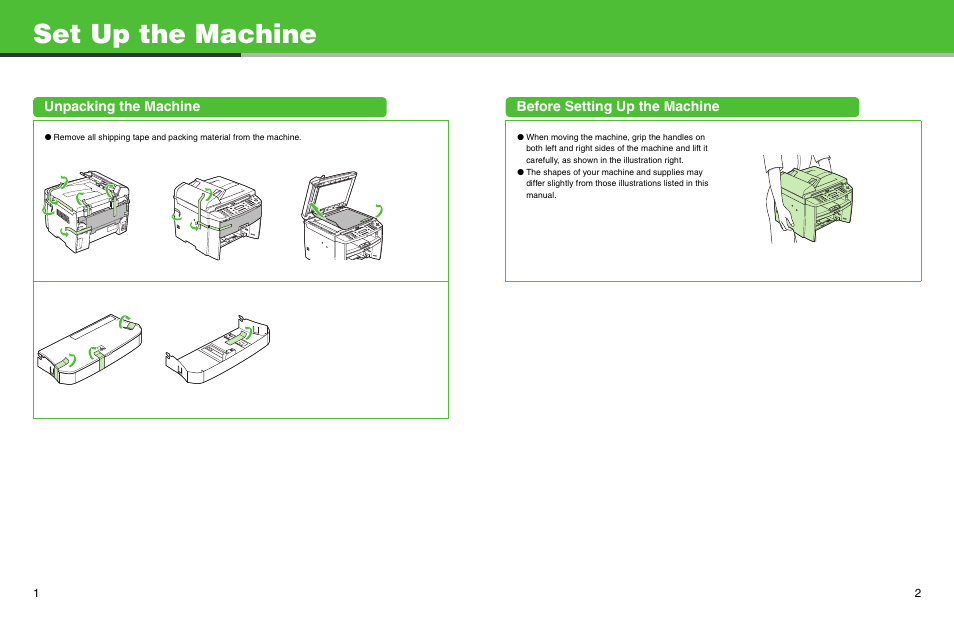 Set up the machine, Unpacking the machine, Before setting up the machine | Canon ImageCLASS MF4690 User Manual | Page 2 / 22