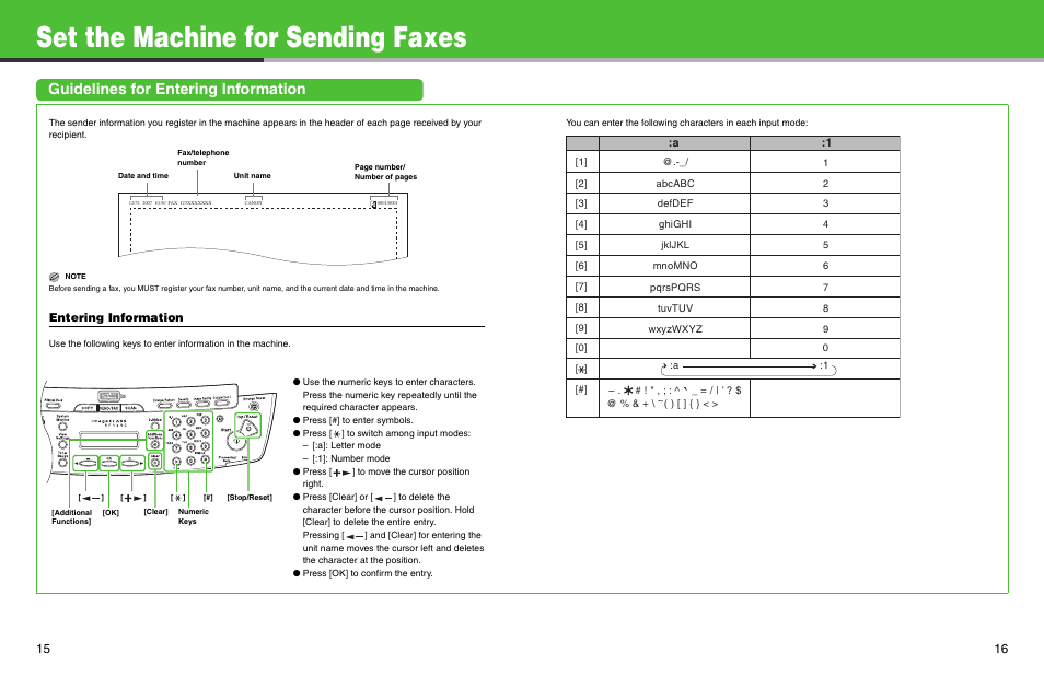 Set the machine for sending faxes, Guidelines for entering information, Entering information | A :1 | Canon ImageCLASS MF4690 User Manual | Page 9 / 22