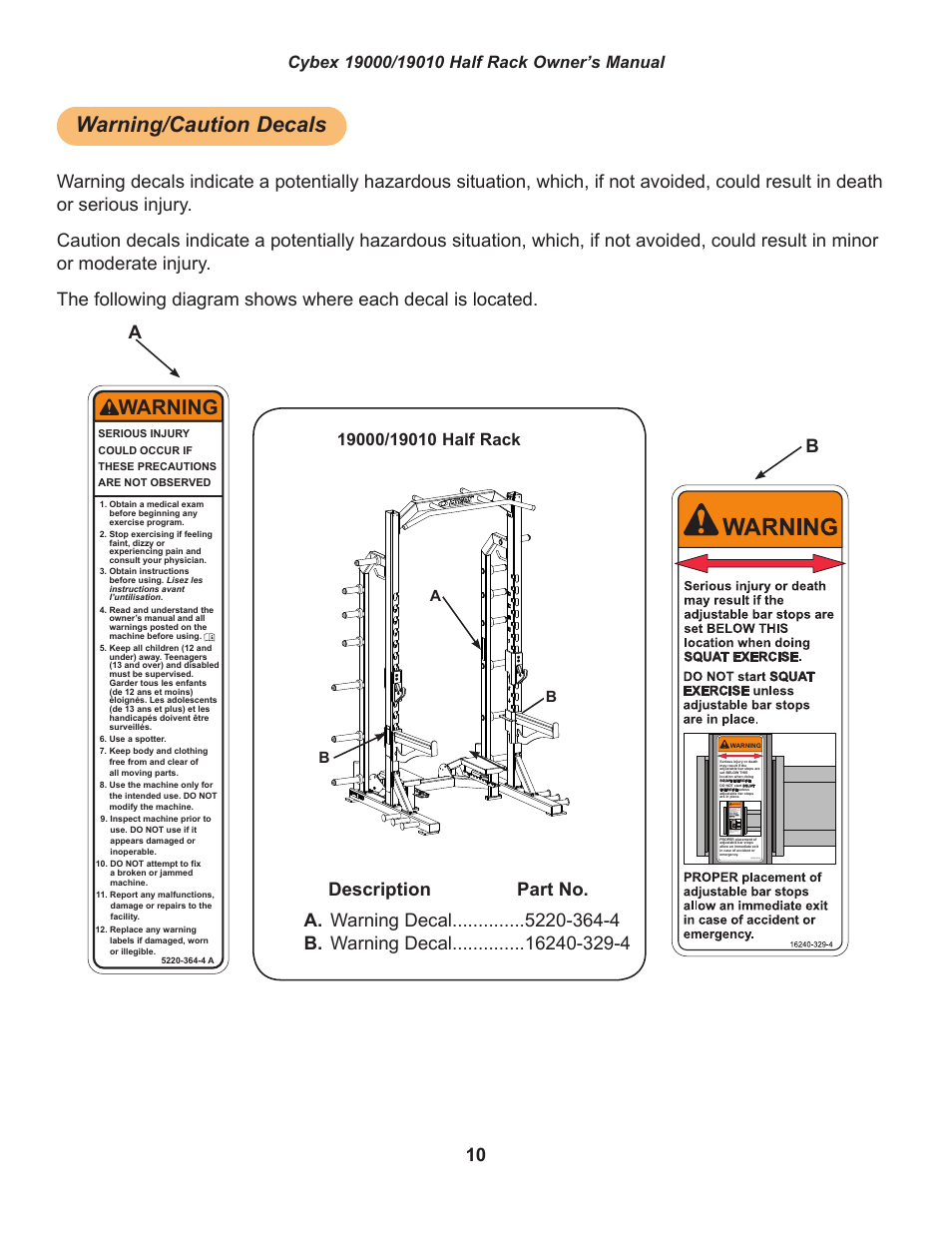 Warning/caution decals, Specs master artwork, Warning | Ab b | Cybex 19000 Big Iron Half Rack User Manual | Page 10 / 28