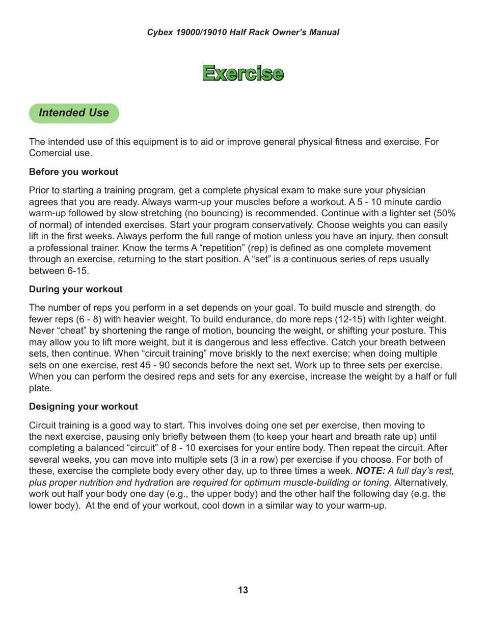 Exercise, Intended use | Cybex 19000 Big Iron Half Rack User Manual | Page 13 / 28