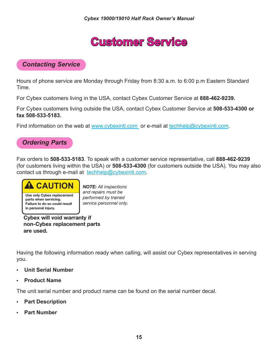 Customer service, Contacting service, Ordering parts | Caution | Cybex 19000 Big Iron Half Rack User Manual | Page 15 / 28