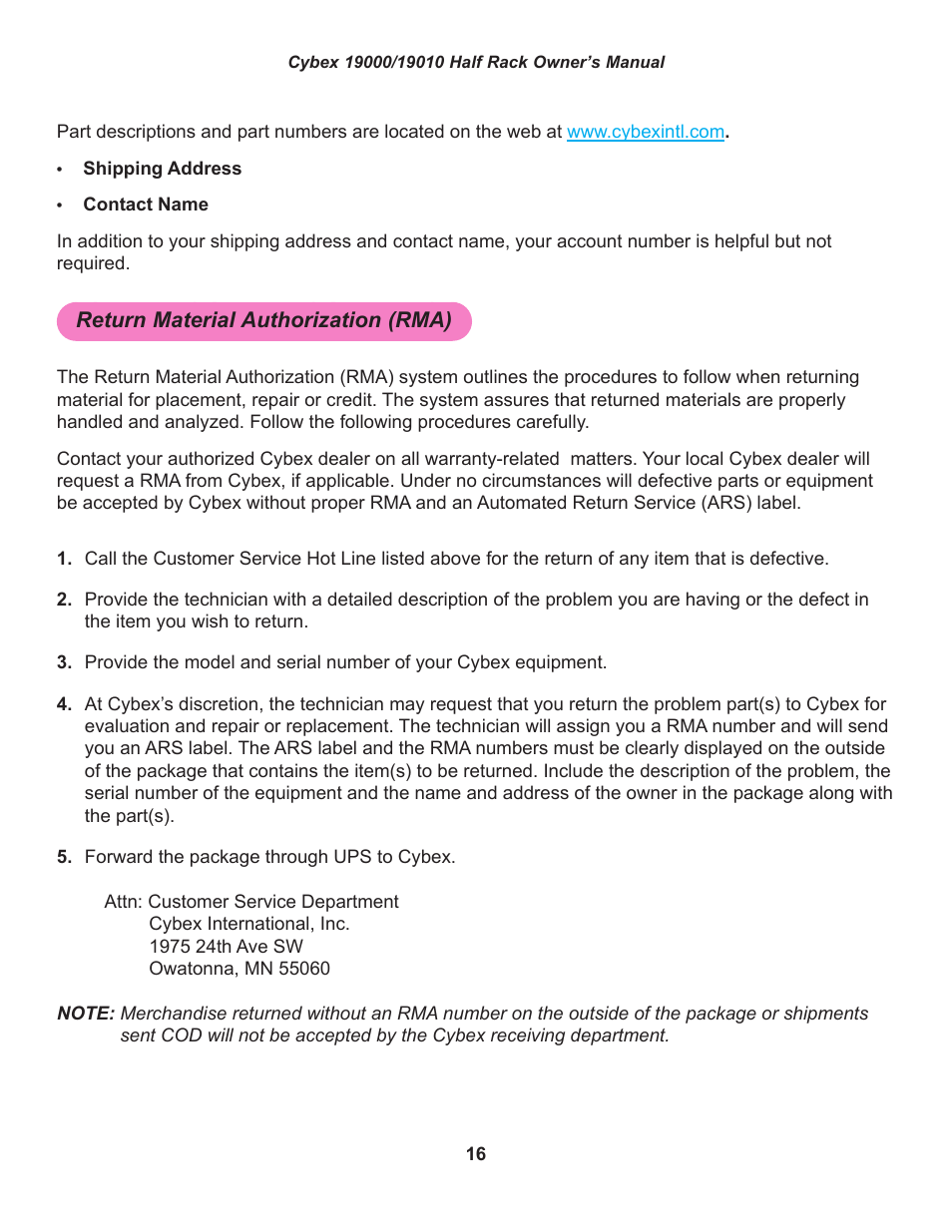 Return material authorization (rma) | Cybex 19000 Big Iron Half Rack User Manual | Page 16 / 28