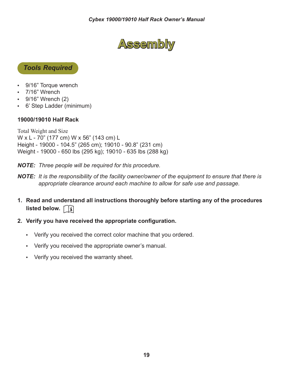 Assembly, Tools required | Cybex 19000 Big Iron Half Rack User Manual | Page 19 / 28