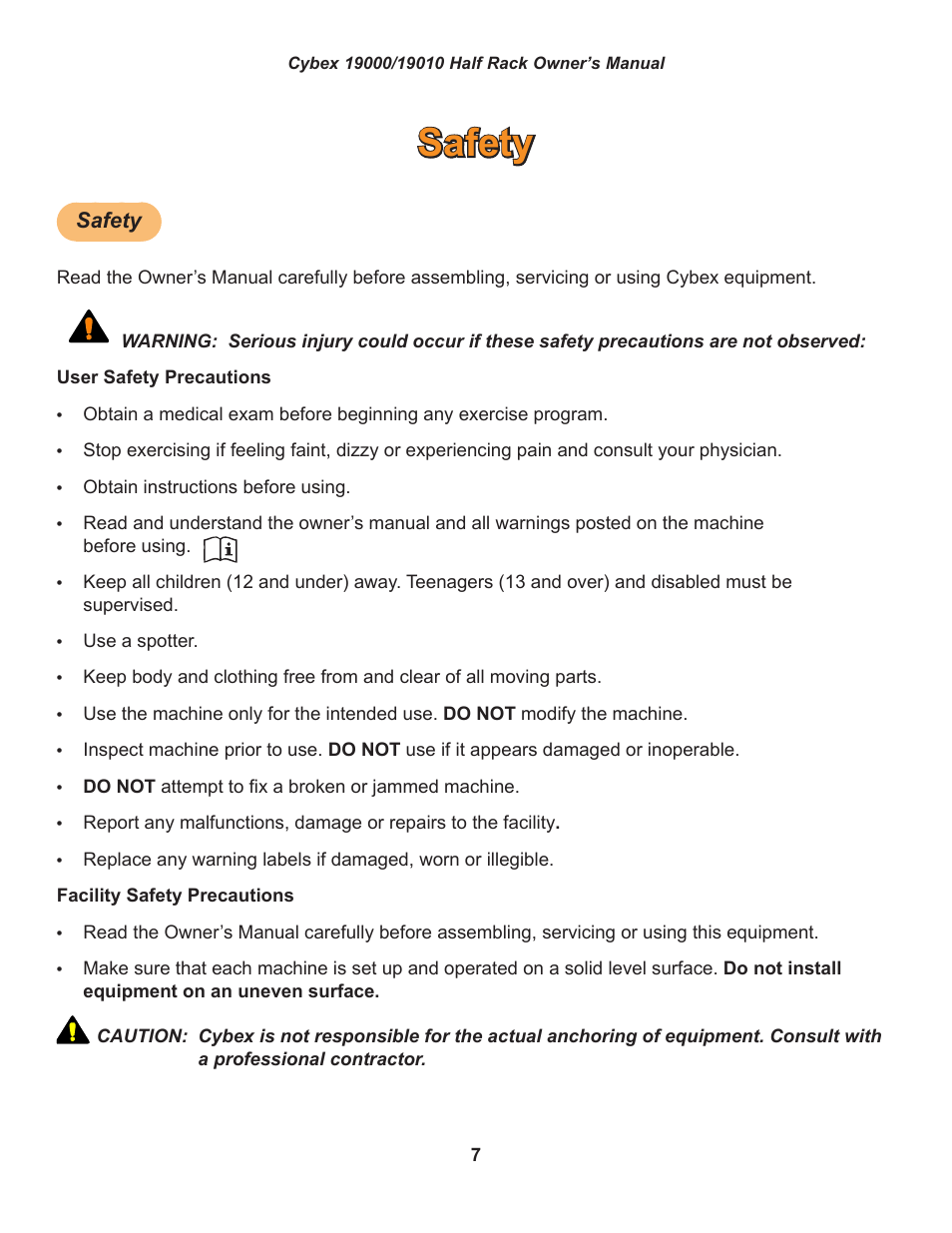 Safety | Cybex 19000 Big Iron Half Rack User Manual | Page 7 / 28