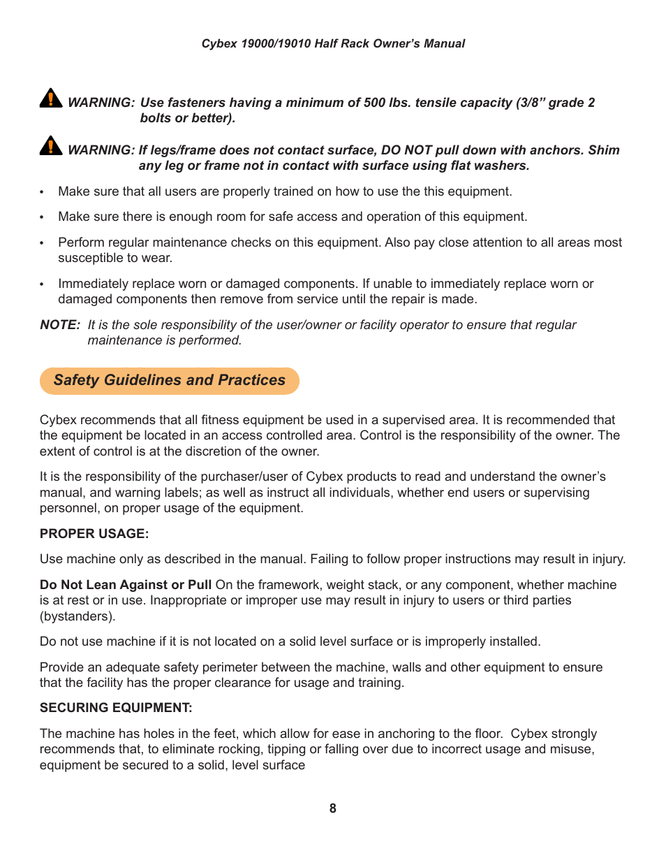 Safety guidelines and practices | Cybex 19000 Big Iron Half Rack User Manual | Page 8 / 28