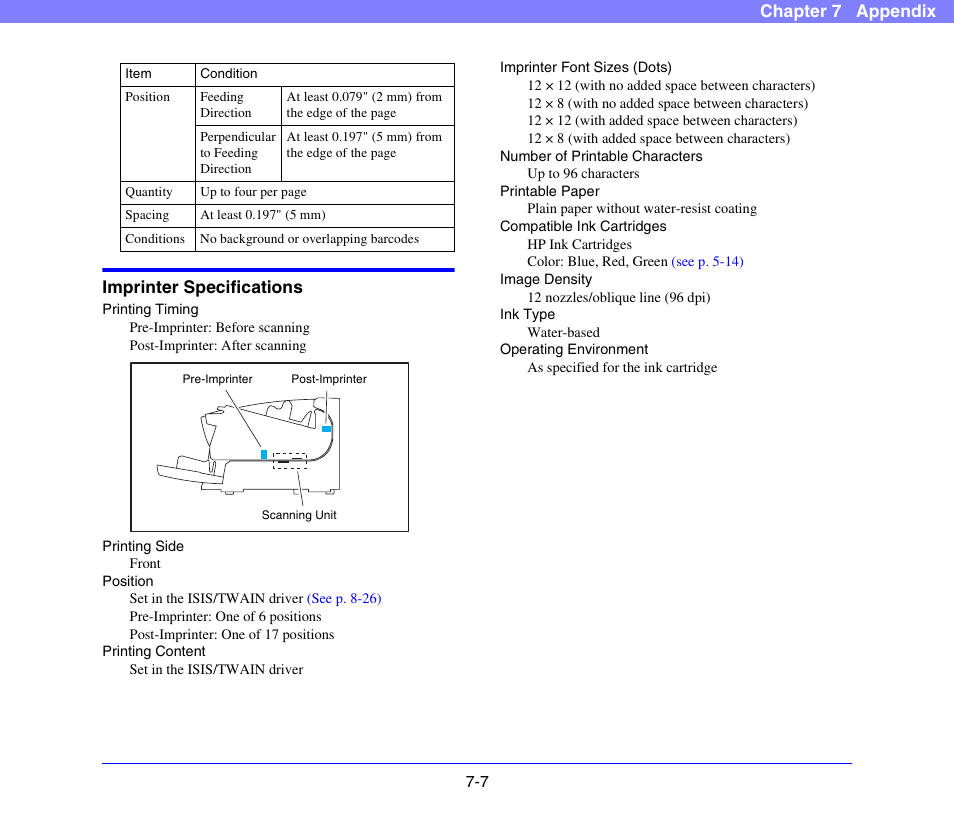 Imprinter specifications, Imprinter specifications -7, Chapter 7 appendix imprinter specifications | Canon DR-X10C User Manual | Page 102 / 155