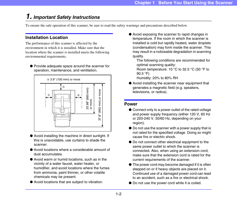 Important safety instructions, Installation location, Power | Important safety instructions -2, Installation location -2 power -2, Chapter 1 before you start using the scanner | Canon DR-X10C User Manual | Page 11 / 155