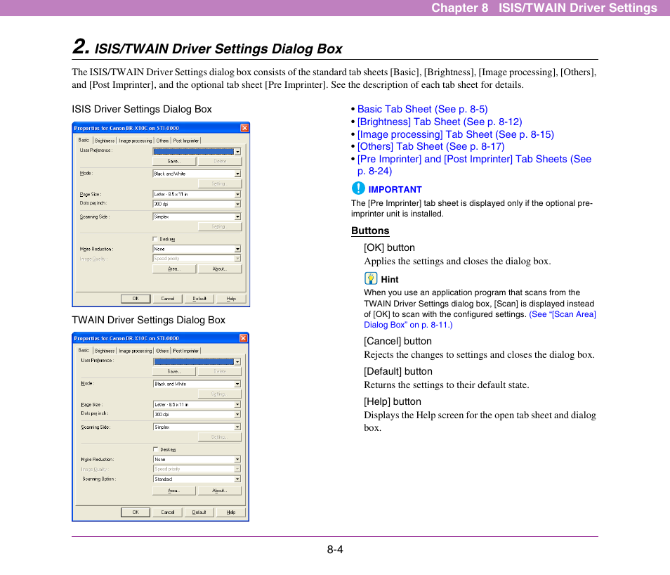 Isis/twain driver settings dialog box, Isis/twain driver settings dialog box -4 | Canon DR-X10C User Manual | Page 110 / 155