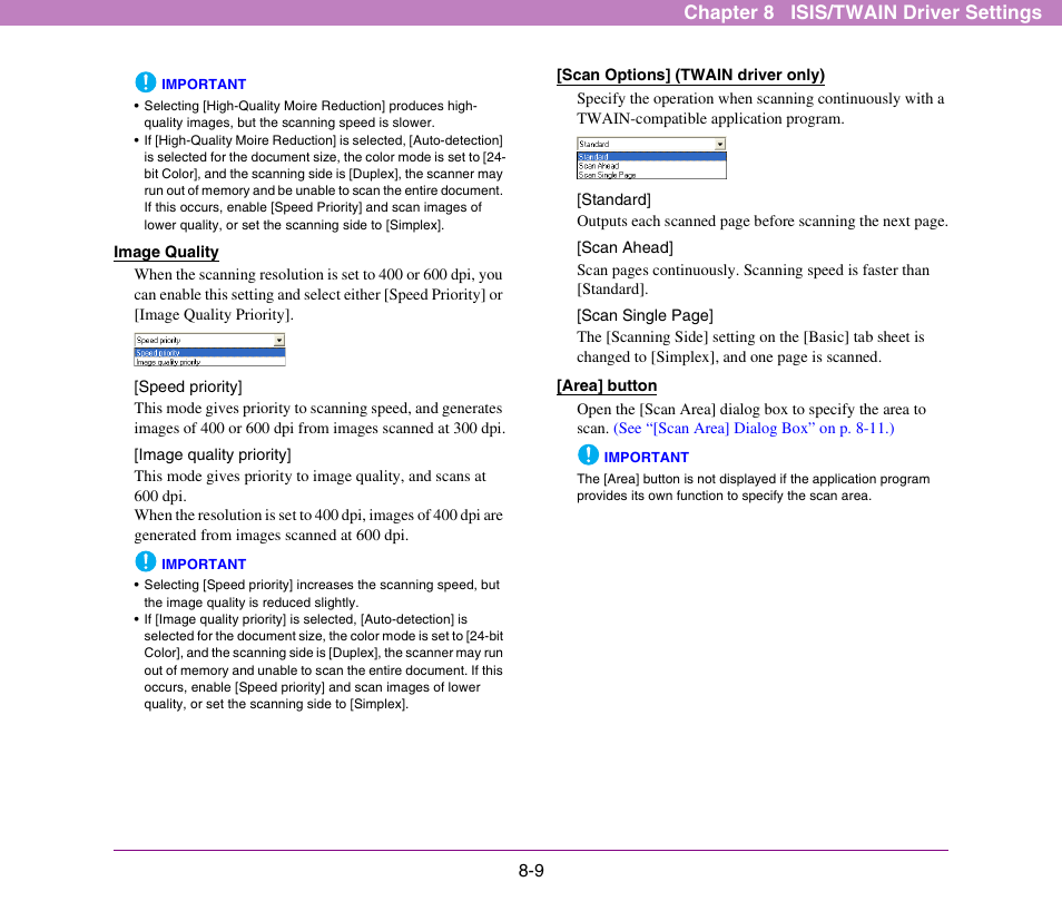 See “[scan options, Twain driver only)” on p. 8-9.), Chapter 8 isis/twain driver settings | Canon DR-X10C User Manual | Page 115 / 155