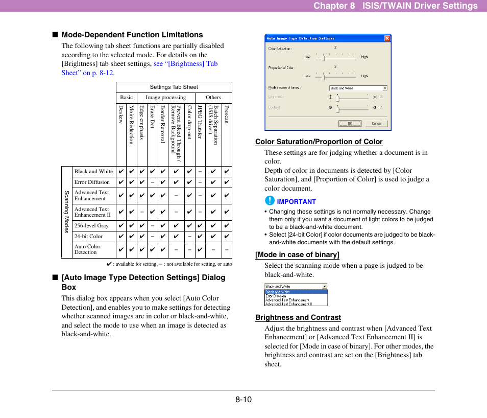 See “[auto image type detection settings, Dialog box” on p. 8-10.), Chapter 8 isis/twain driver settings | Mode-dependent function limitations, Auto image type detection settings] dialog box | Canon DR-X10C User Manual | Page 116 / 155