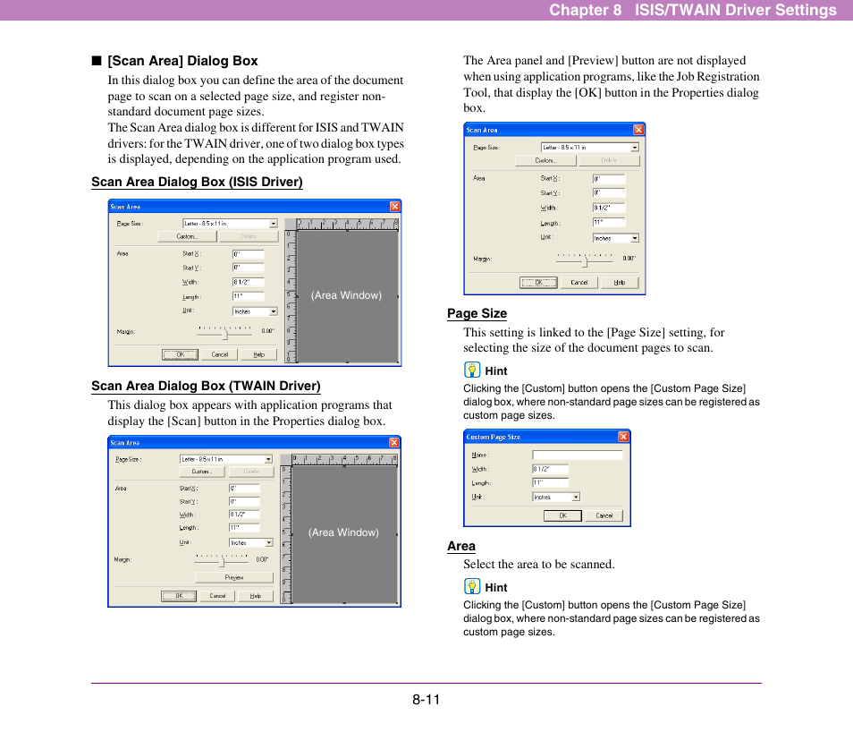 See “[scan area, Dialog box” on p. 8-11.), See “[scan area] dialog box” on p. 8-11.) | Chapter 8 isis/twain driver settings | Canon DR-X10C User Manual | Page 117 / 155