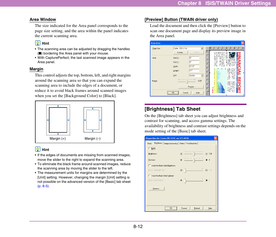 Brightness] tab sheet, Brightness] tab sheet -12, Brightness] tab sheet (see p. 8-12) | Chapter 8 isis/twain driver settings | Canon DR-X10C User Manual | Page 118 / 155