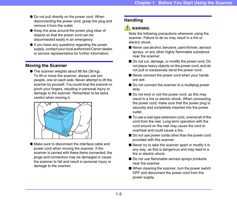 Moving the scanner, Handling, Moving the scanner -3 handling -3 | Canon DR-X10C User Manual | Page 12 / 155