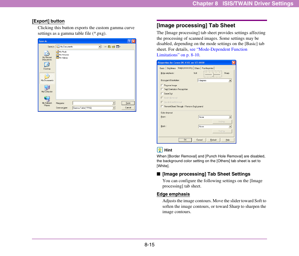 Image processing] tab sheet, Image processing] tab sheet -15, Image processing] tab sheet (see p. 8-15) | Canon DR-X10C User Manual | Page 121 / 155