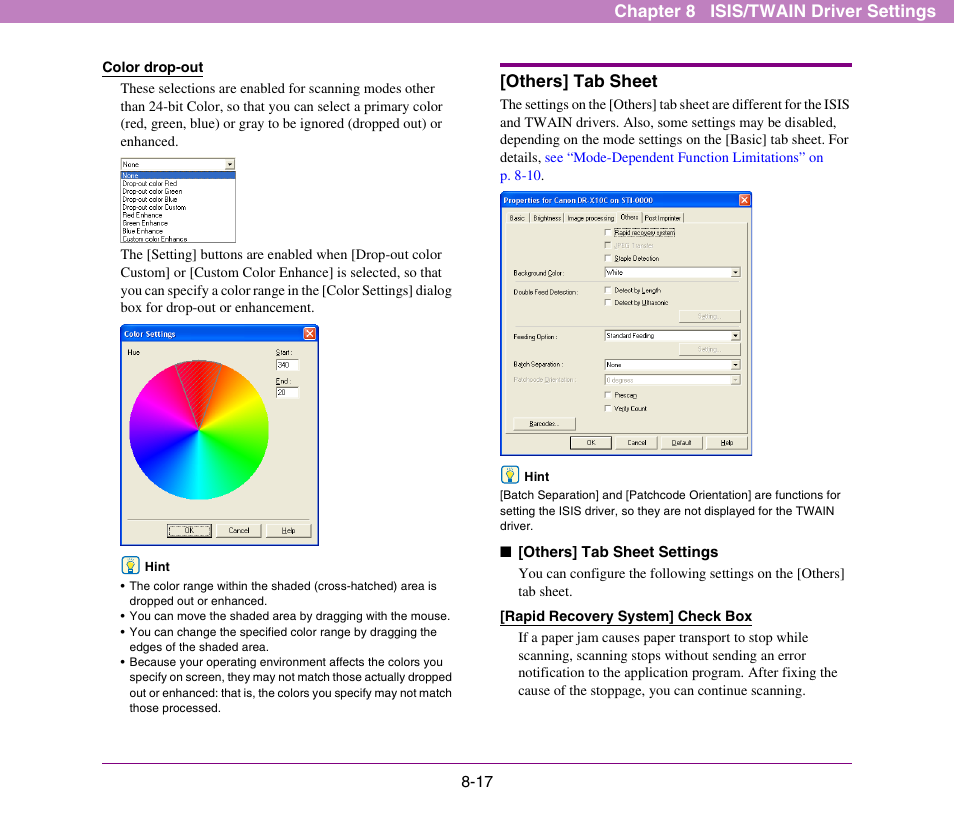 Others] tab sheet, Rapid recovery system] check box” on p. 8-17.), See “[rapid recovery system] check | Box” on p. 8-17.), Others] tab sheet -17, Others] tab sheet (see p. 8-17), Chapter 8 isis/twain driver settings | Canon DR-X10C User Manual | Page 123 / 155