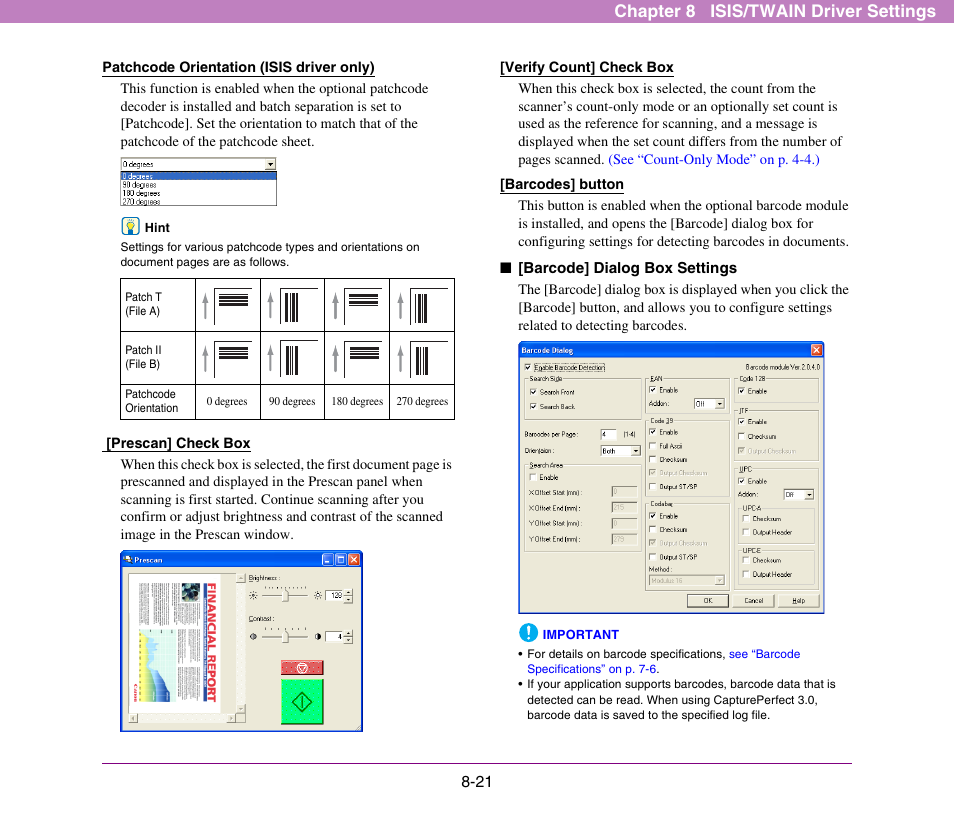 See “[verify count] check box” on p. 8-21.), See “[barcode] dialog box settings, On p. 8-21.) | Chapter 8 isis/twain driver settings | Canon DR-X10C User Manual | Page 127 / 155