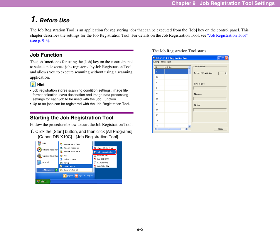 Before use, Job function, Starting the job registration tool | Before use -2 | Canon DR-X10C User Manual | Page 136 / 155