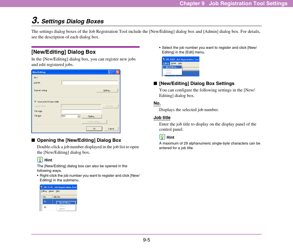 Settings dialog boxes, New/editing] dialog box, Settings dialog boxes -5 | New/editing] dialog box -5, See “[new/editing] dialog box, On p. 9-5.) | Canon DR-X10C User Manual | Page 139 / 155