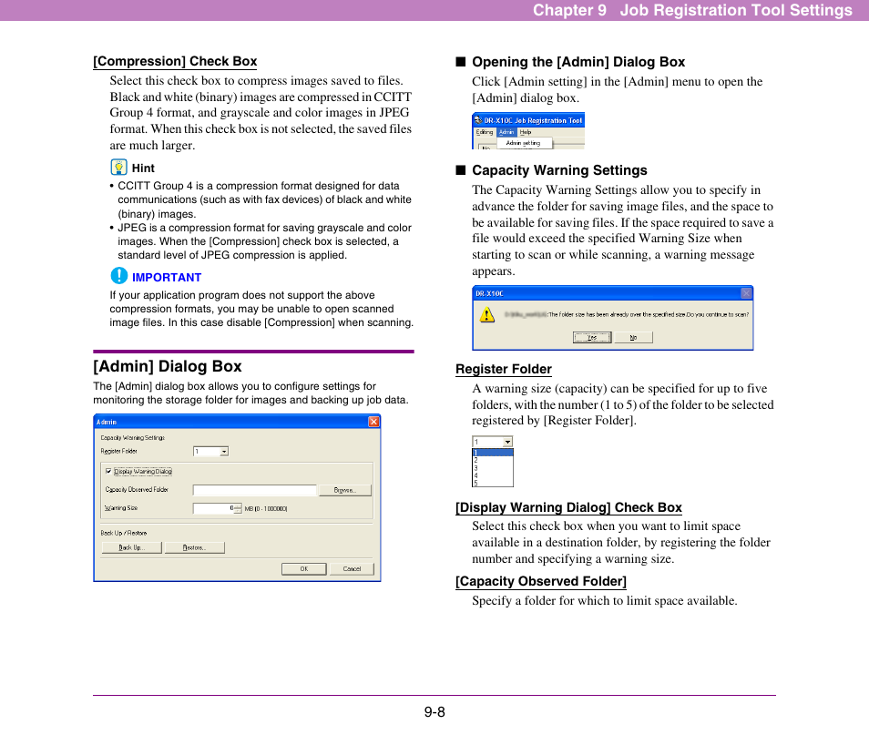 Admin] dialog box, Admin] dialog box -8, See “[admin] dialog box” on p. 9-8.) | Chapter 9 job registration tool settings | Canon DR-X10C User Manual | Page 142 / 155