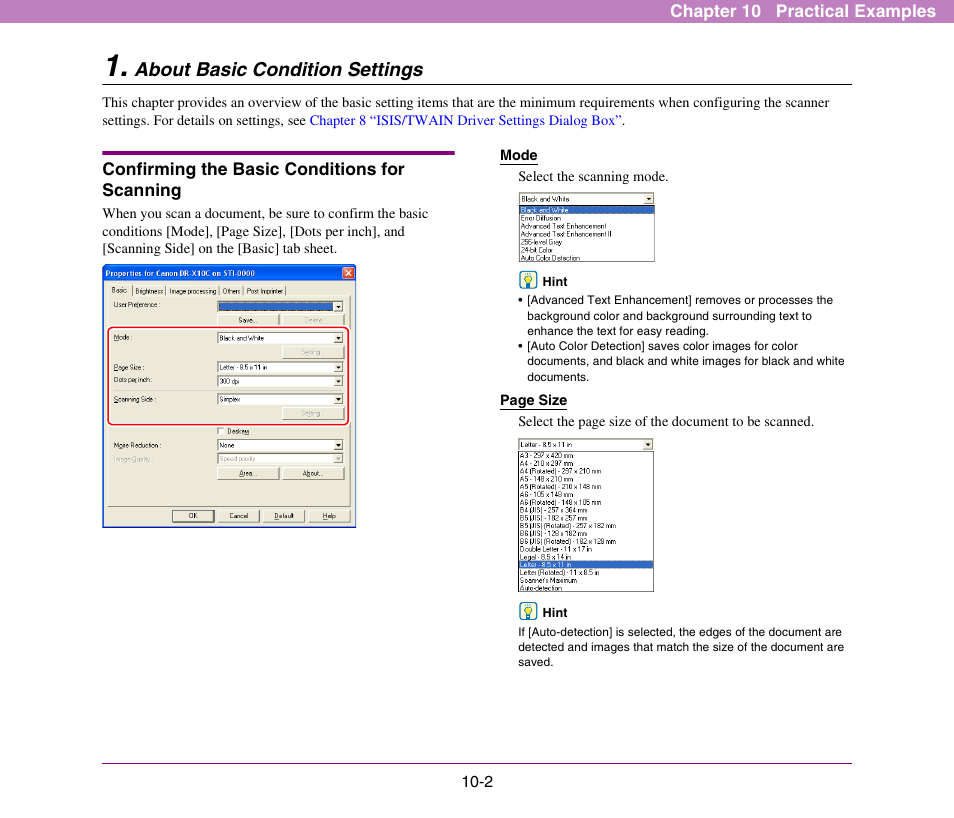 About basic condition settings, Confirming the basic conditions for scanning, About basic condition settings -2 | Confirming the basic conditions for scanning -2 | Canon DR-X10C User Manual | Page 145 / 155