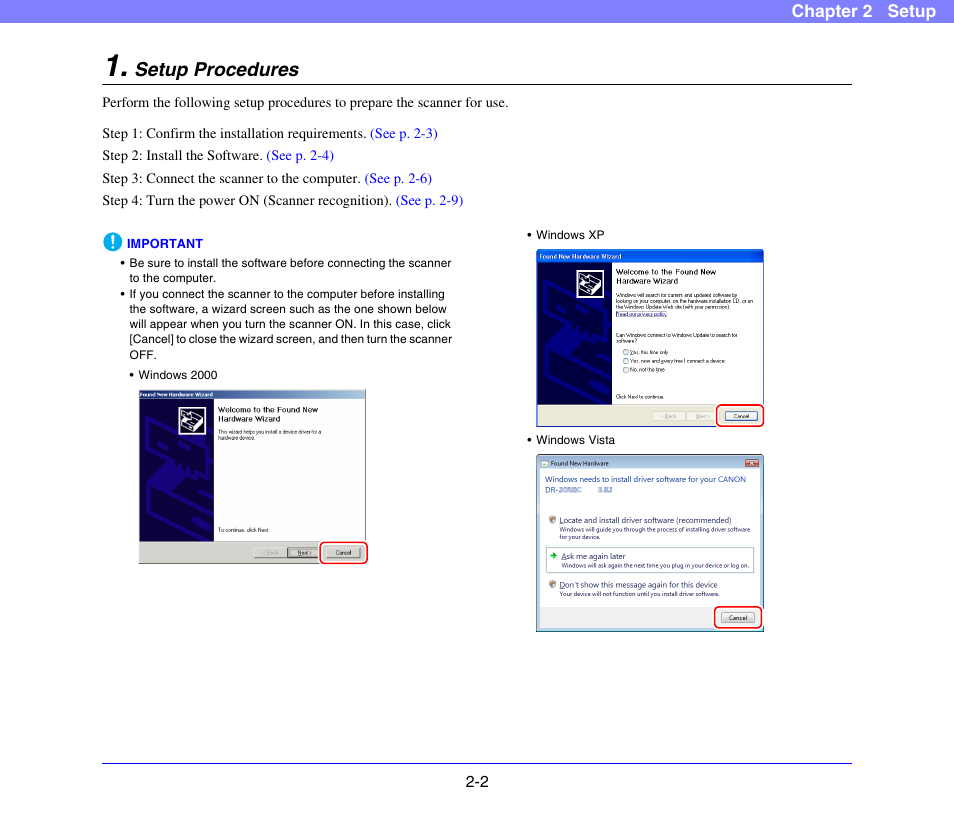 Setup procedures, Setup procedures -2 | Canon DR-X10C User Manual | Page 22 / 155