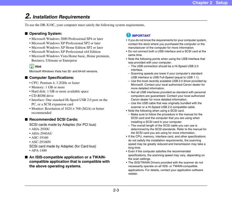 Installation requirements, Installation requirements -3, See p. 2-3) | Chapter 2 setup | Canon DR-X10C User Manual | Page 23 / 155