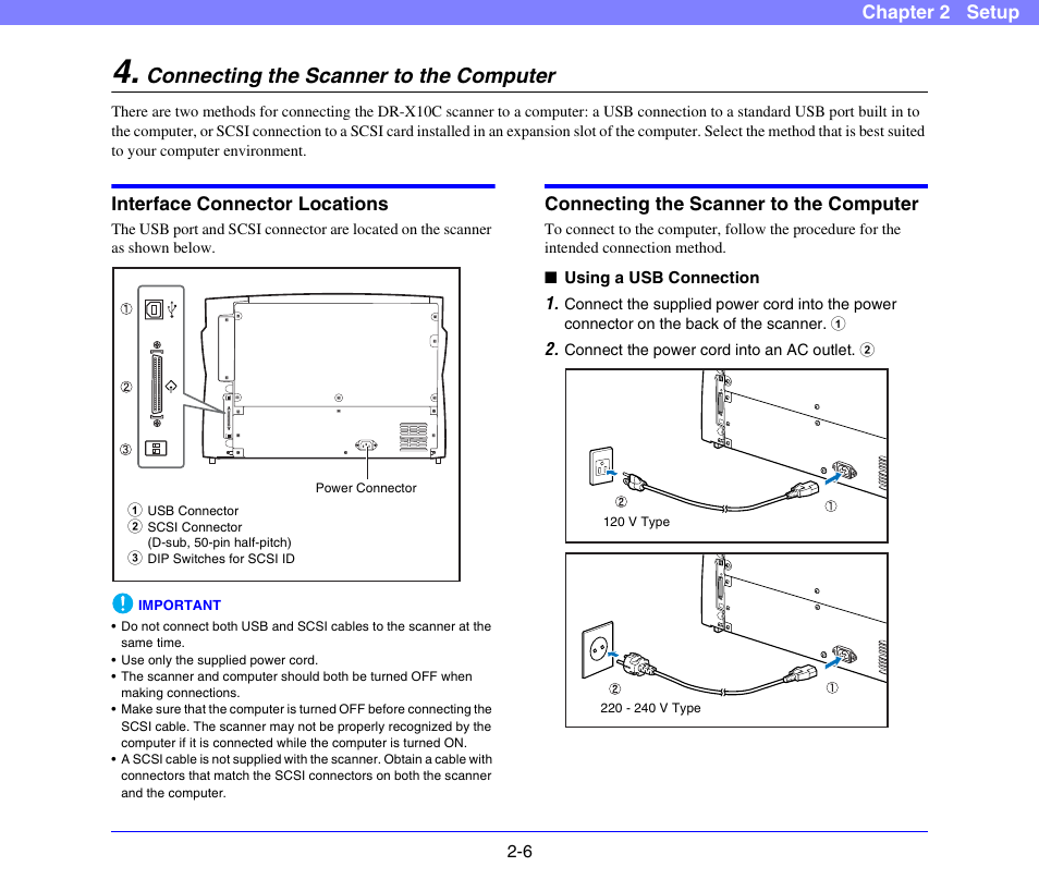 Connecting the scanner to the computer, Interface connector locations, Connecting the scanner to the computer -6 | See p. 2-6.), See p. 2-6) | Canon DR-X10C User Manual | Page 26 / 155