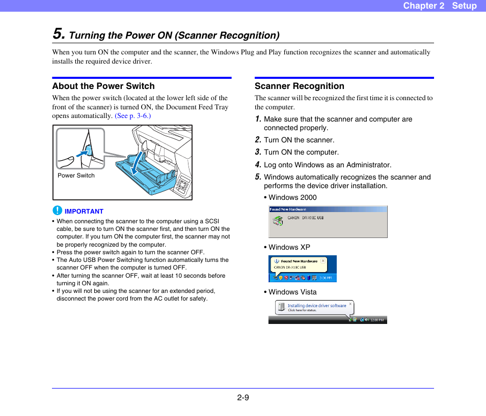 Turning the power on (scanner recognition), About the power switch, Scanner recognition | Turning the power on, Scanner recognition) -9, About the power switch -9 scanner recognition -9, See p. 2-9) | Canon DR-X10C User Manual | Page 29 / 155