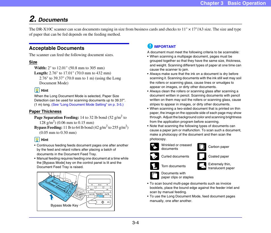 Documents, Acceptable documents, Documents -4 | Acceptable documents -4, Chapter 3 basic operation | Canon DR-X10C User Manual | Page 34 / 155