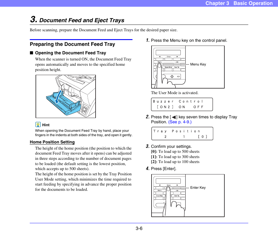 Document feed and eject trays, Preparing the document feed tray, Document feed and eject trays -6 | Preparing the document feed tray -6, See “preparing the, Document feed tray” on p. 3-6.), See p. 3-6.) | Canon DR-X10C User Manual | Page 36 / 155