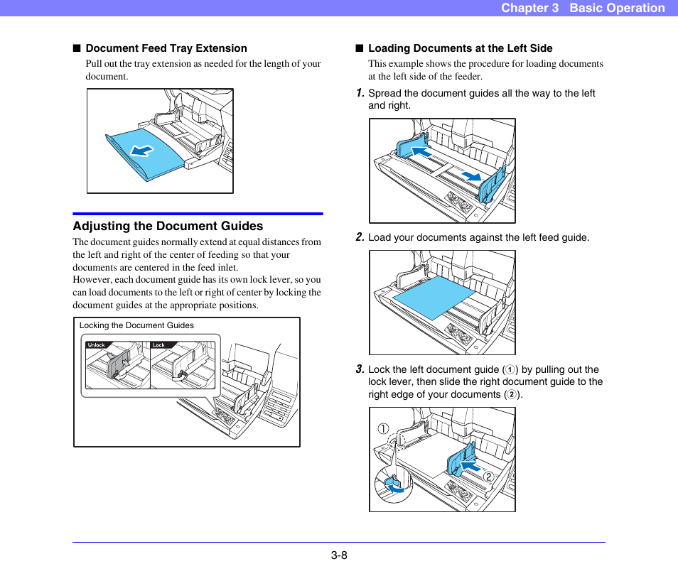 Adjusting the document guides, Adjusting the document guides -8, See “adjusting the document guides” on | P. 3-8.), See p. 3-8 and, See p. 3-8.) | Canon DR-X10C User Manual | Page 38 / 155