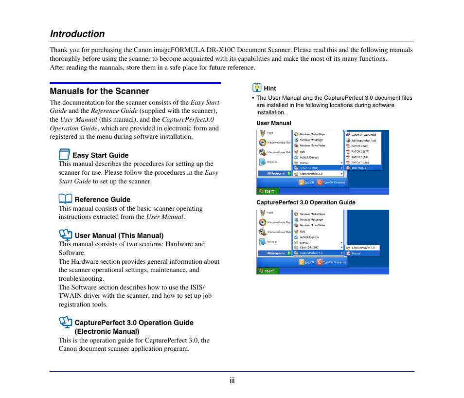 Introduction, Manuals for the scanner | Canon DR-X10C User Manual | Page 4 / 155