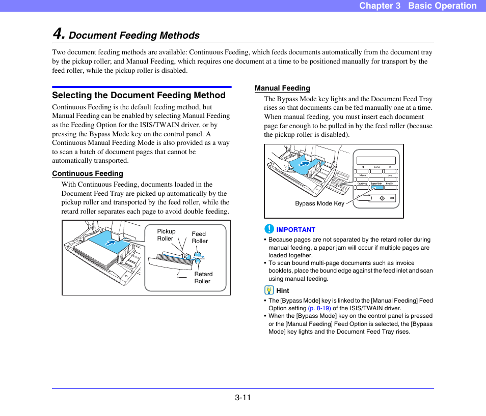 Document feeding methods, Selecting the document feeding method, Document feeding methods -11 | Selecting the document feeding method -11, Chapter 3 basic operation | Canon DR-X10C User Manual | Page 41 / 155