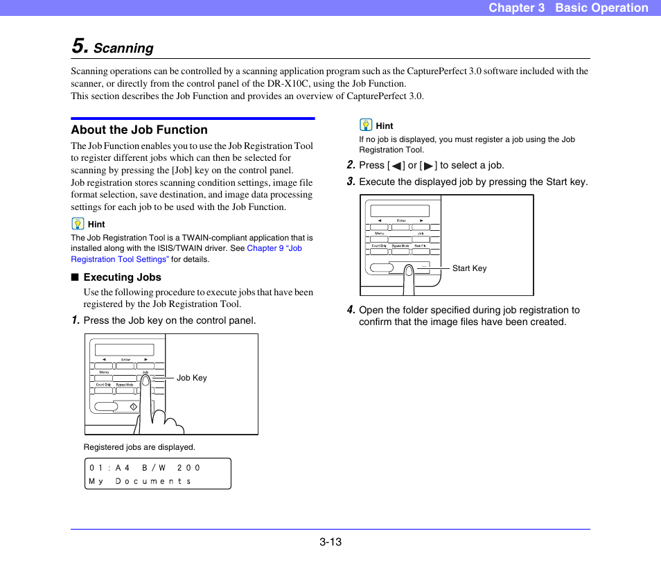 Scanning, About the job function, Scanning -13 | About the job function -13, See “about, The job function” on p. 3-13.) | Canon DR-X10C User Manual | Page 43 / 155