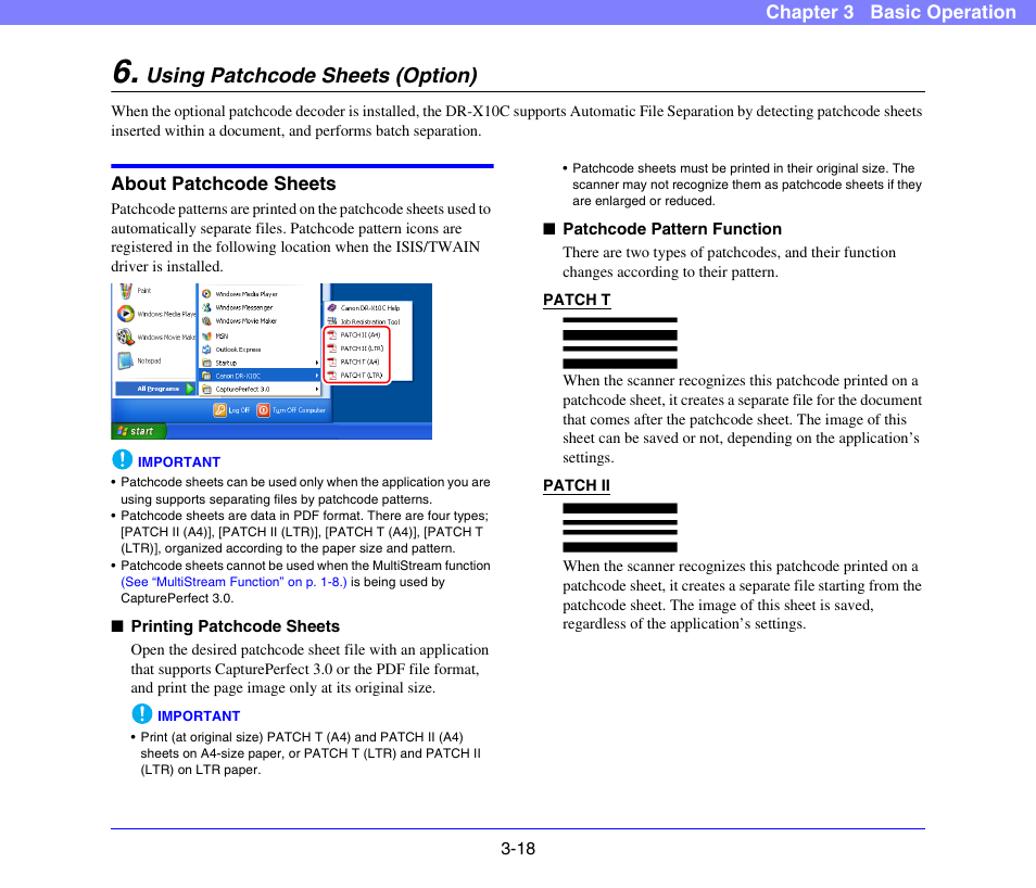 Using patchcode sheets (option), About patchcode sheets, Using patchcode sheets (option) -18 | About patchcode sheets -18, See “using patchcode, Sheets (option)” on p. 3-18.) | Canon DR-X10C User Manual | Page 48 / 155