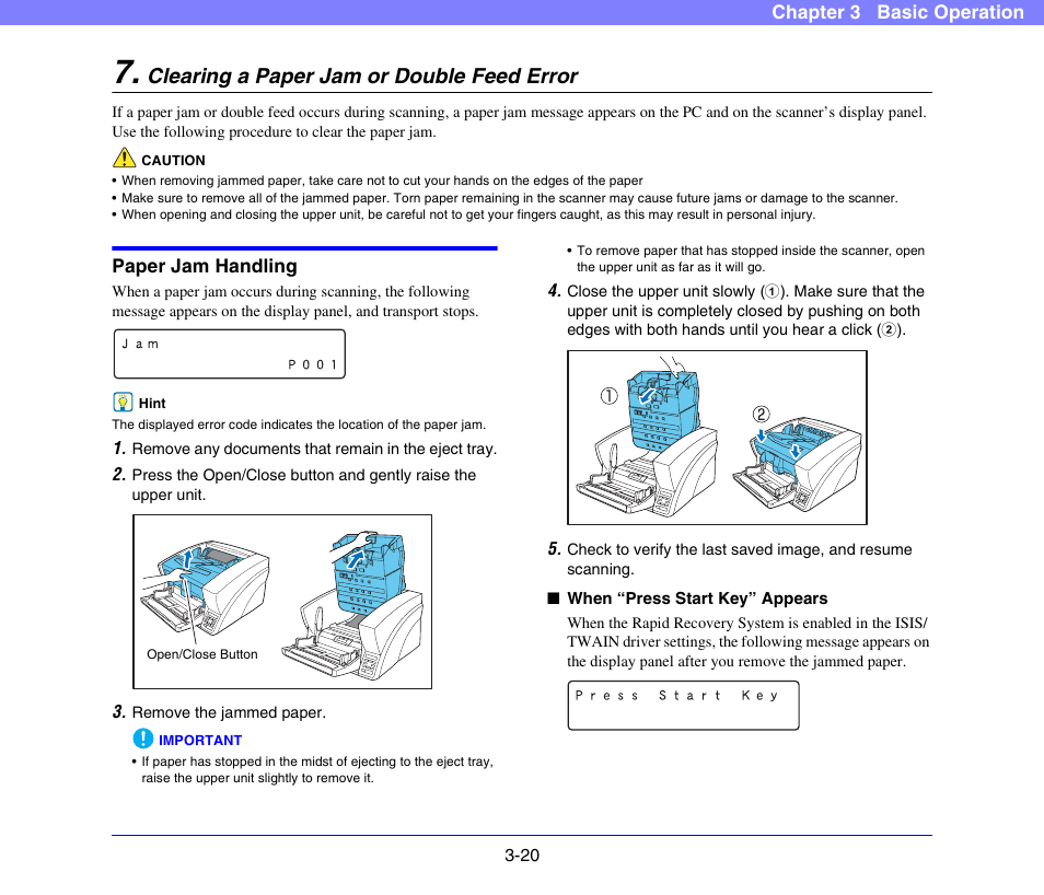 Clearing a paper jam or double feed error, Paper jam handling, Clearing a paper jam or double | Feed error -20, Paper jam handling -20, See “clearing a paper jam or double feed, Error” on p. 3-20.) | Canon DR-X10C User Manual | Page 50 / 155