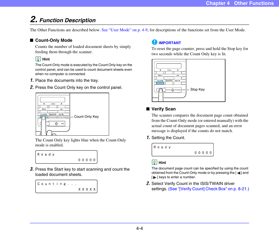 Function description, Function description -4, See “count-only mode” on p. 4-4.) | See “verify scan, On p. 4-4.), P. 4-4 | Canon DR-X10C User Manual | Page 56 / 155