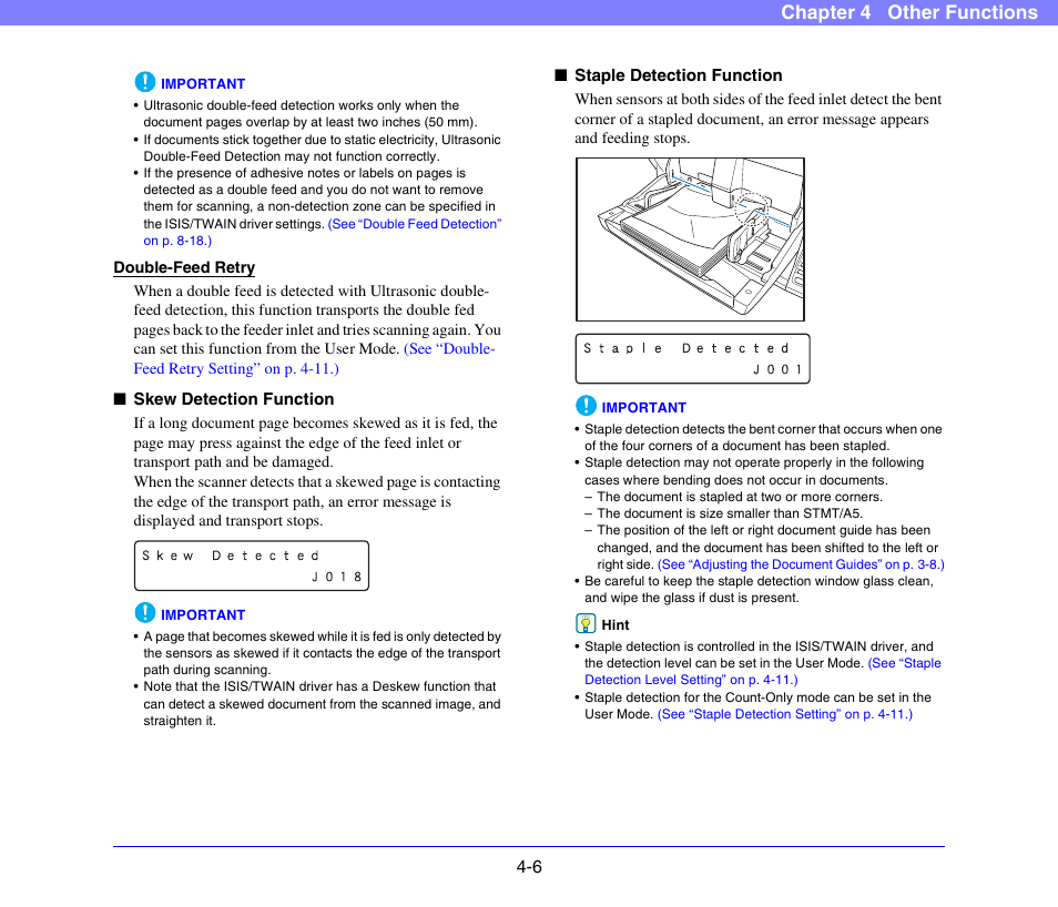 Skew detection function” on p. 4-6.), See “staple detection function, On p. 4-6.) | P. 4-6, Chapter 4 other functions | Canon DR-X10C User Manual | Page 58 / 155